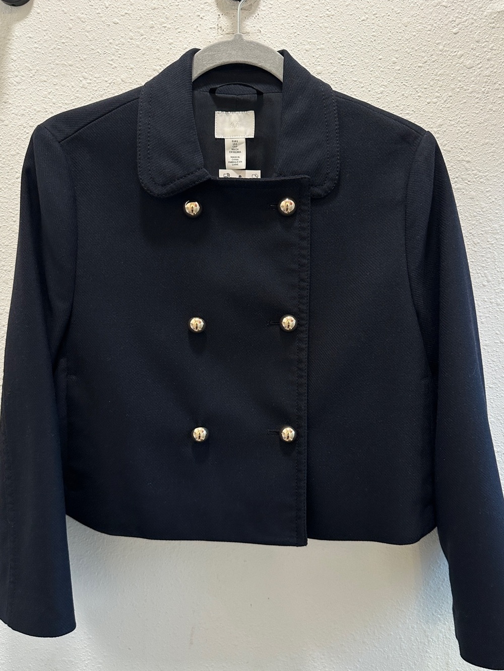 H&M Black Cropped Double-Breasted Pea Coat with Gold Buttons